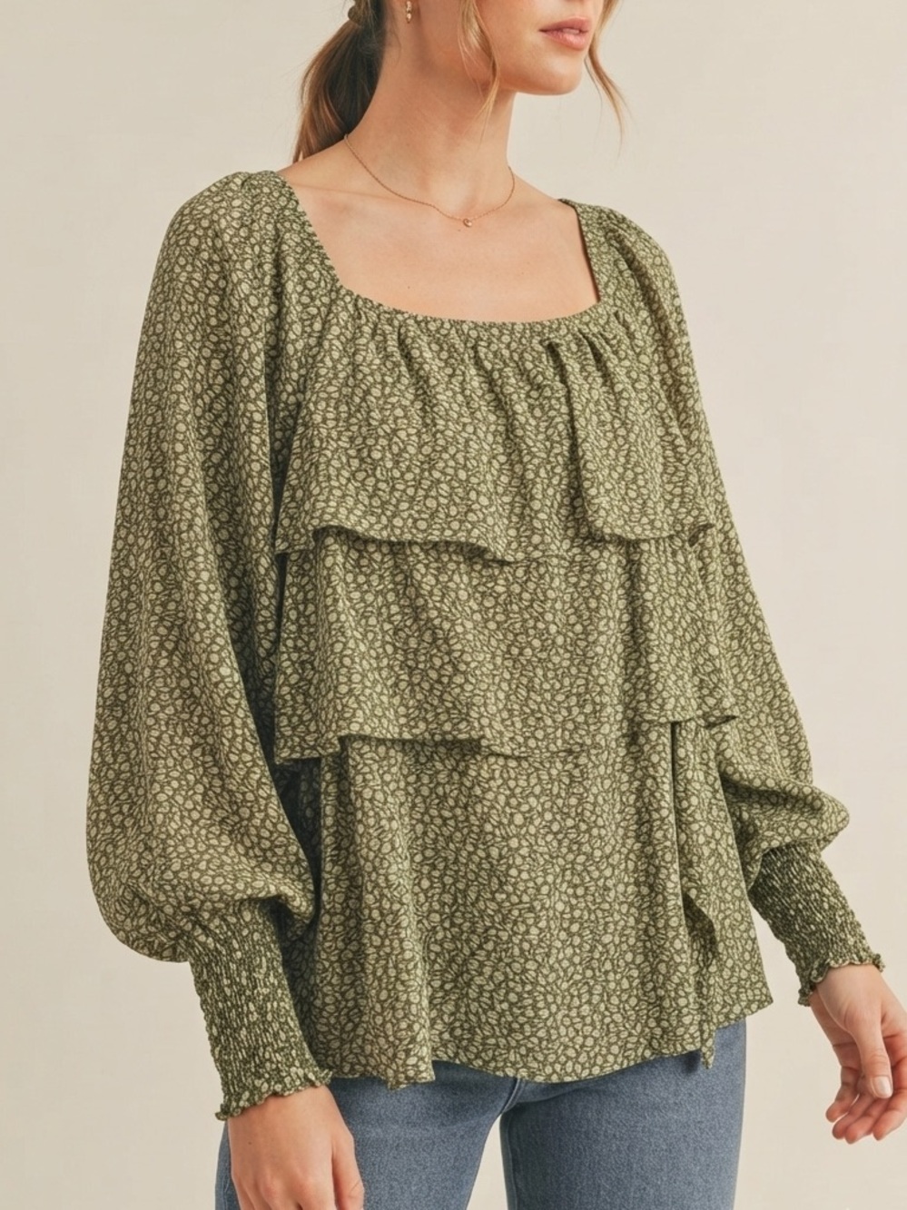 Olive Green Floral Boho Tiered Ruffle Peasant Long Sleeve Smocked Cuff Blouse